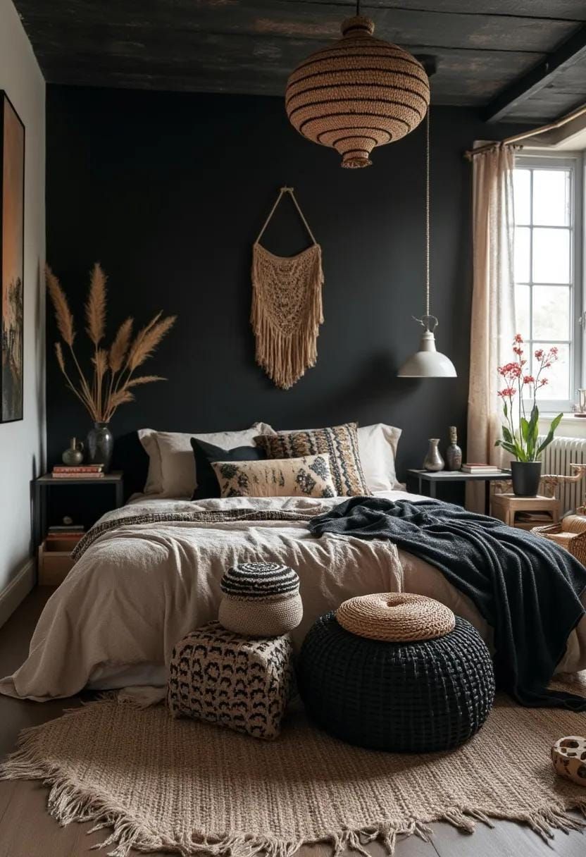 16. Bold Black and Boho Contrasts