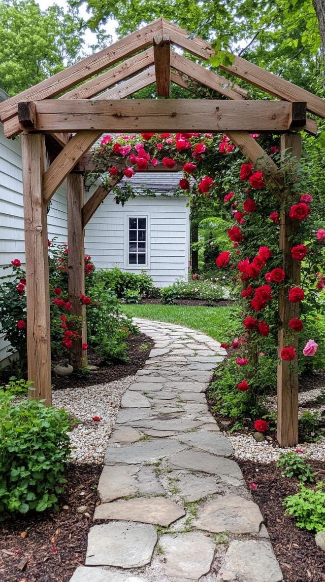 14. Wood Arbor Wrapped in Climbing Roses