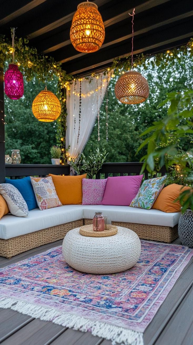 20. Pergola Patio with Layered Hanging Lanterns