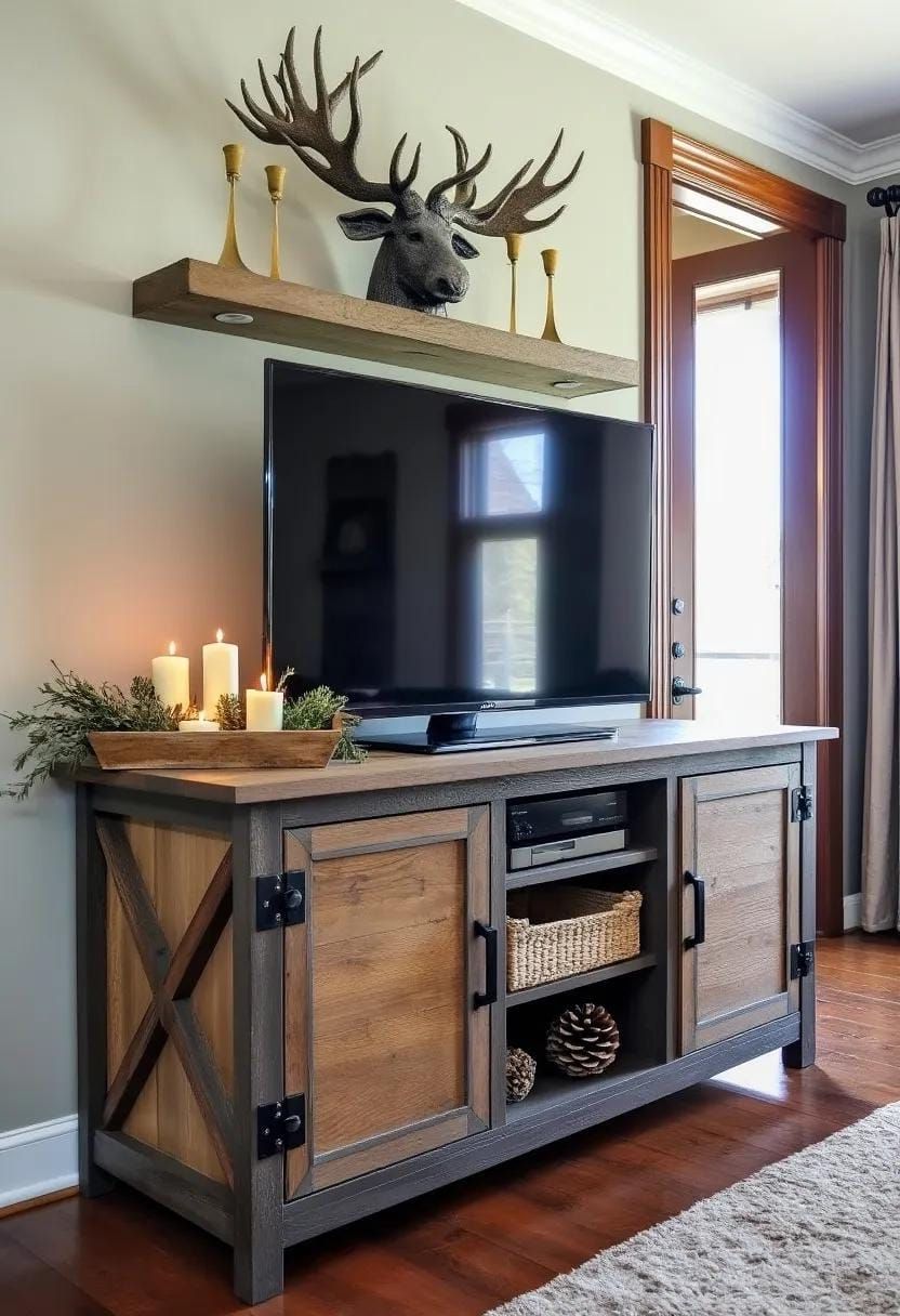 11. Rustic masculine TV stand with moose and antler accents