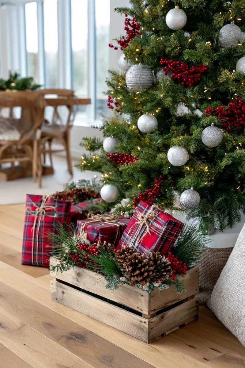 3. Wooden crate centerpiece with plaid gifts and pine branches - photo 3