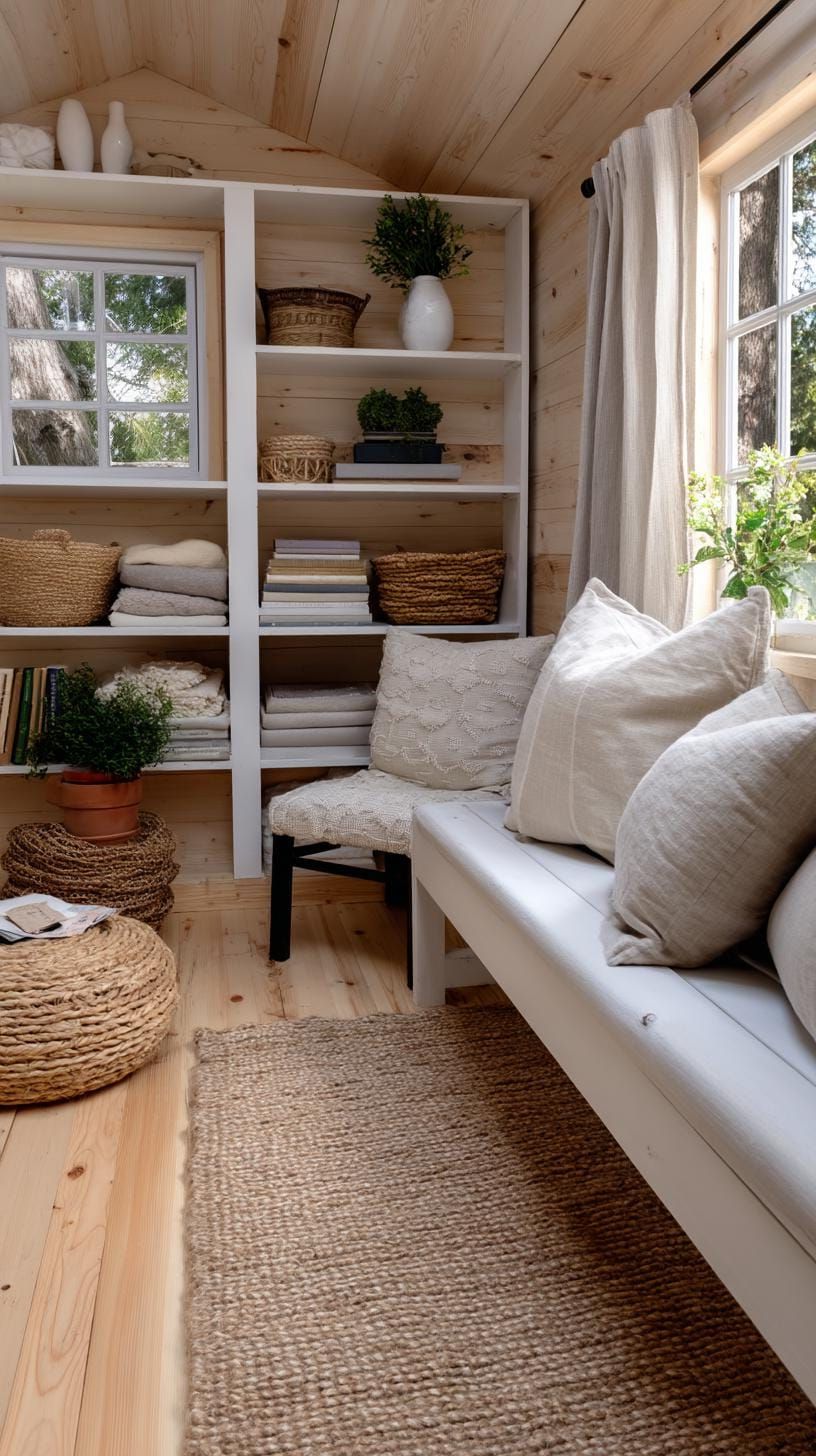 8. Neutral She Shed with Open Shelving and Jute Rug - photo 3