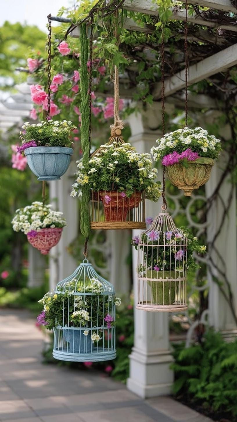 13. Hanging Birdcages Filled With Greenery