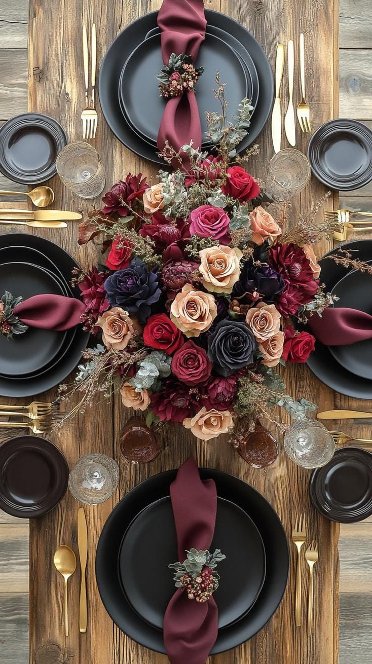 14. Black Matte Plates With Burgundy Napkins and Brass - photo 2