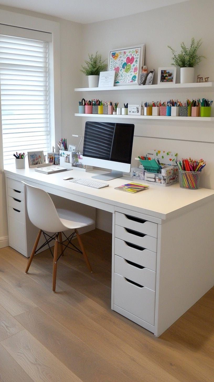 22. Modern Craft Desk With White Finish and Built-In Drawers