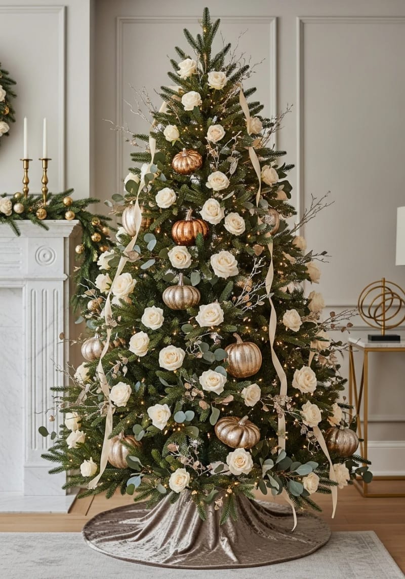 15. Elegant Tree with Cream Roses and Metallic Pumpkins - photo 3