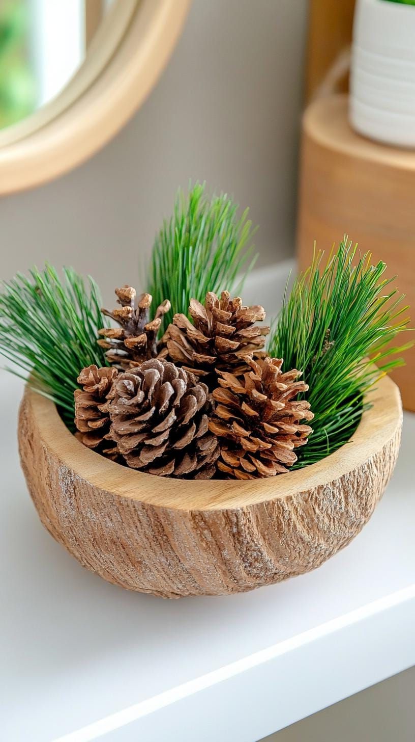 16. Basket of Pine Cones and Evergreen Sprigs