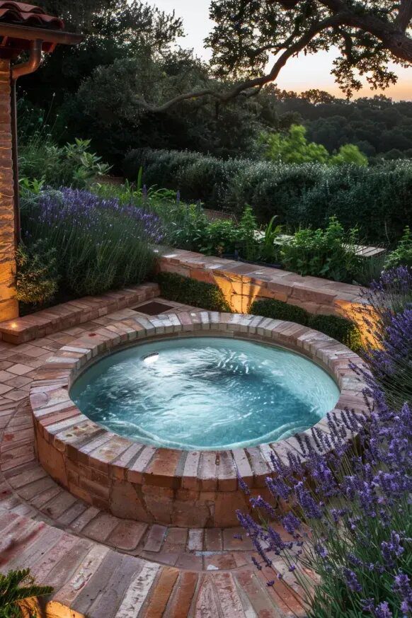 A Lavender-Lined Pool with Rustic Charm