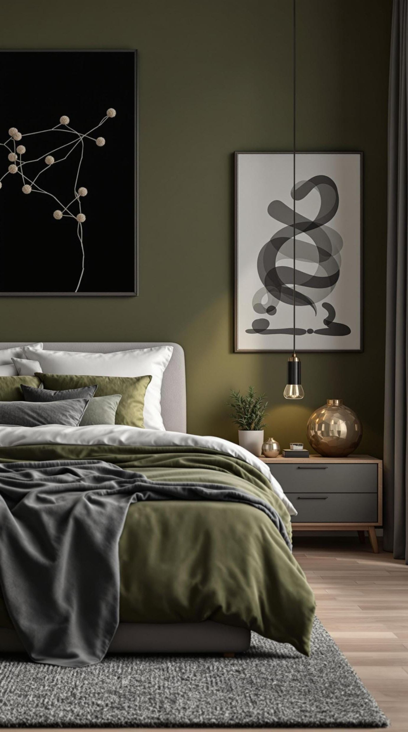 17. Olive Green and Charcoal Grey Monochrome Bedroom