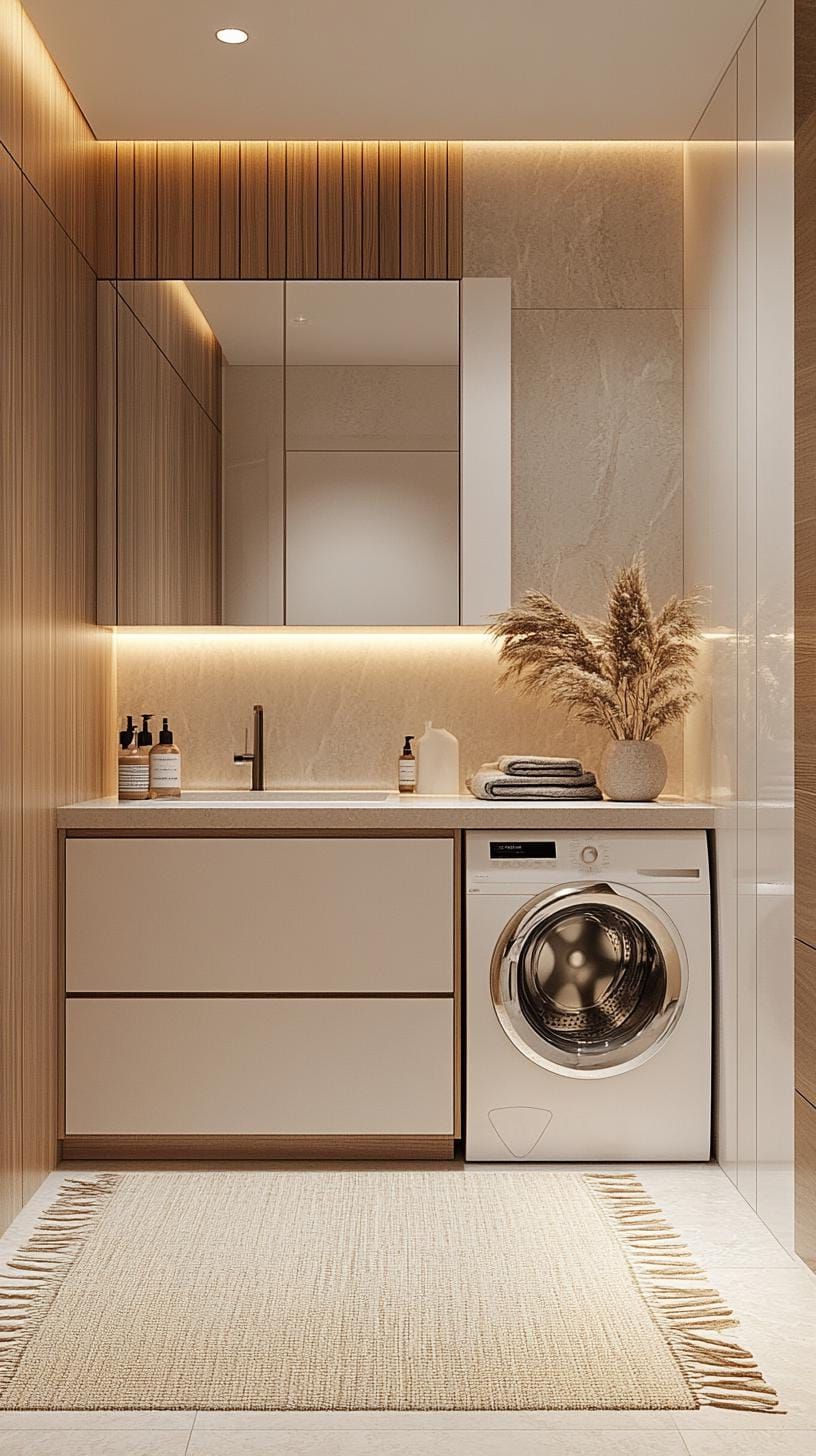 12. Scandinavian beige and white laundry room with wood accents