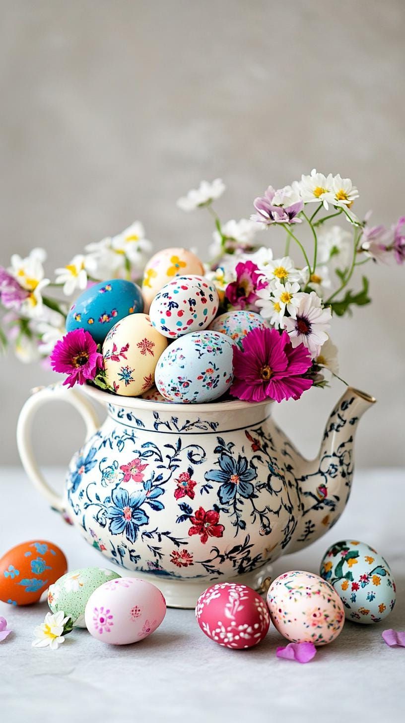 2. Vintage Teapot With Easter Eggs And Flowers