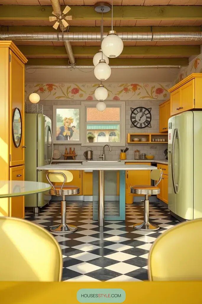 Vintage Charm With Retro Yellow Kitchen Cabinets