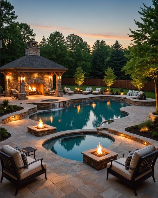 Roomy Pool House Featuring an Outdoor Fireplace