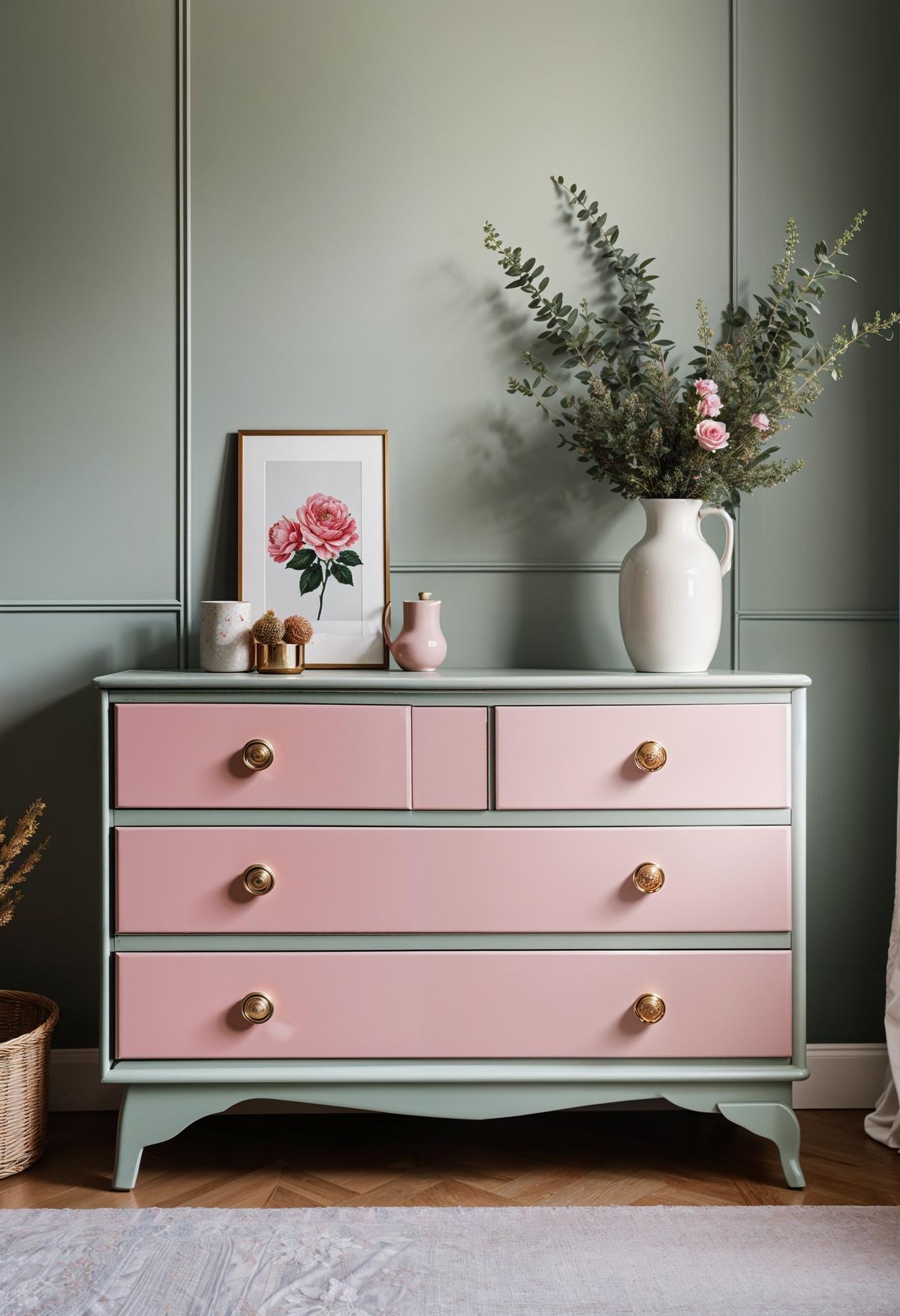 8. Sage Green Dresser with Pink Knobs