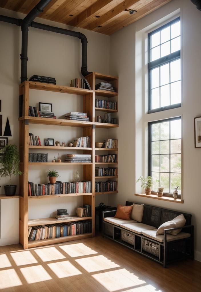 5. Industrial Pipe Window Nook Shelving