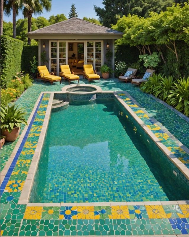 Pool House with Eye-Catching Mosaic Tile Flooring