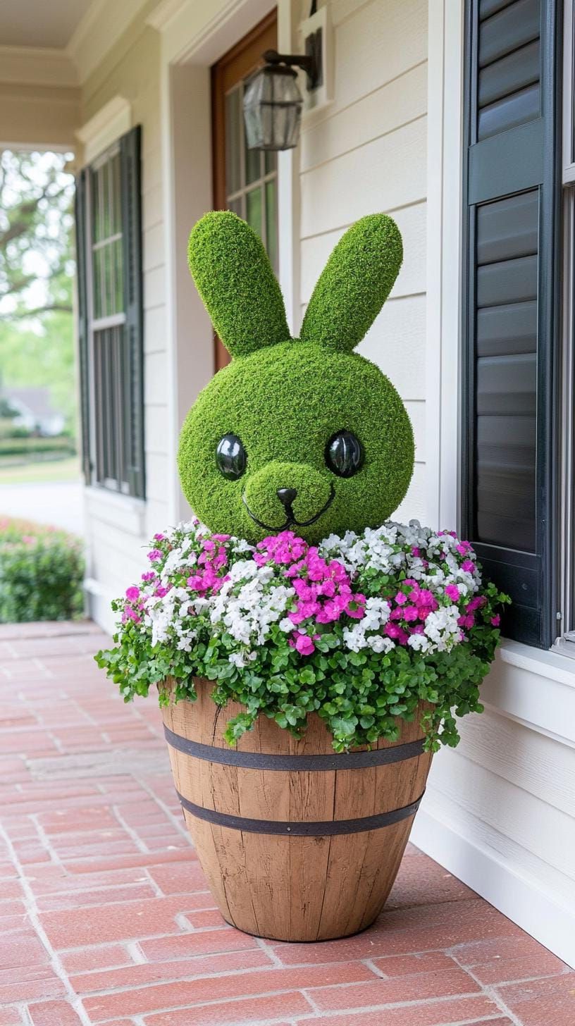7. Moss-Covered Bunny Topiaries In Porch Planters