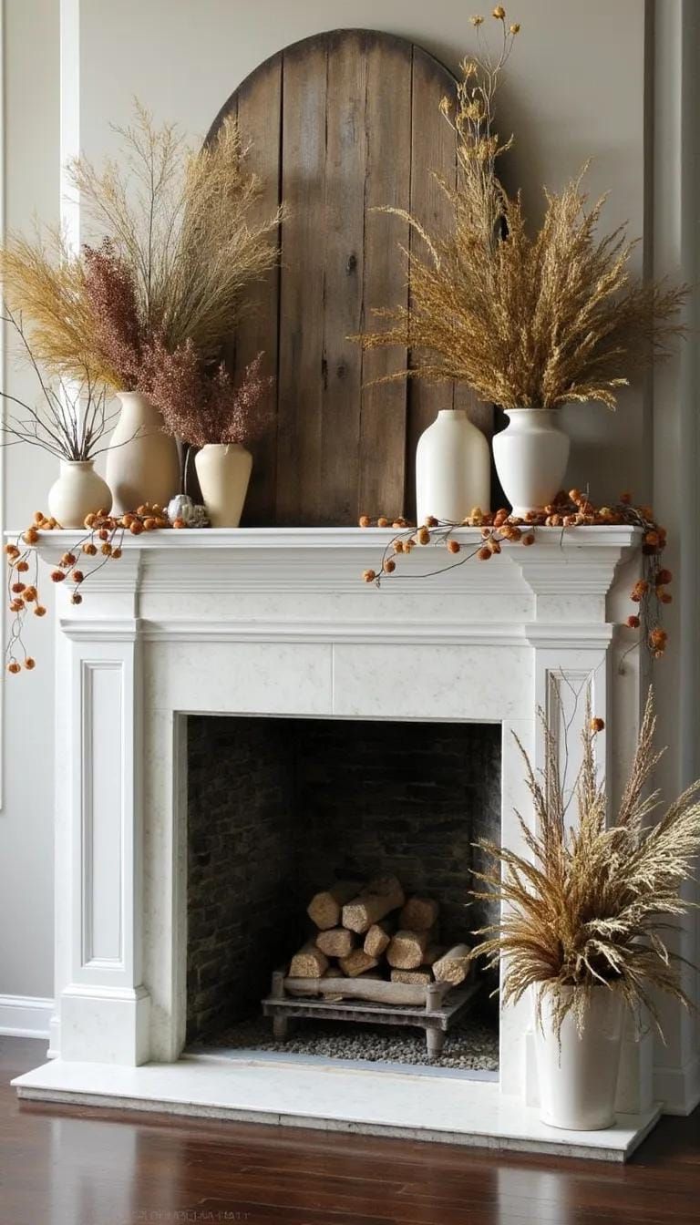 19. Dried Foliage on Fireplace Mantel Displays