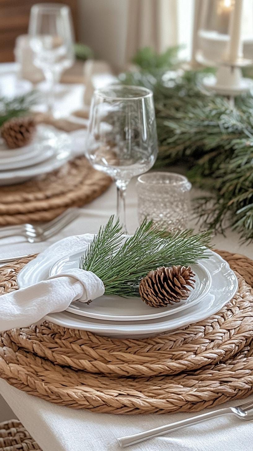 10. Neutral Tablescape With Woven Placemats and Pinecones