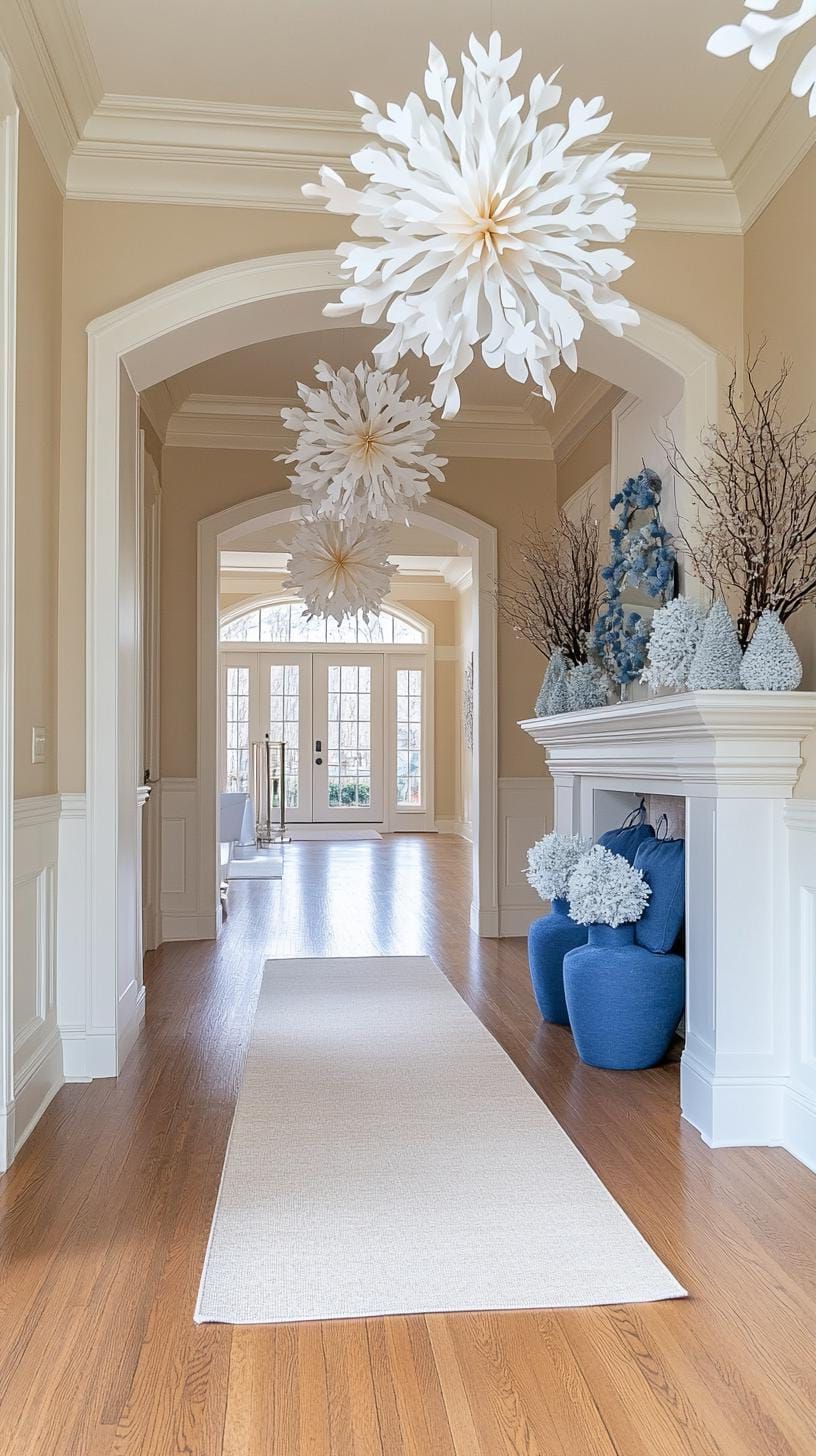 9. Paper snowflakes drifting across neutral hallway walls