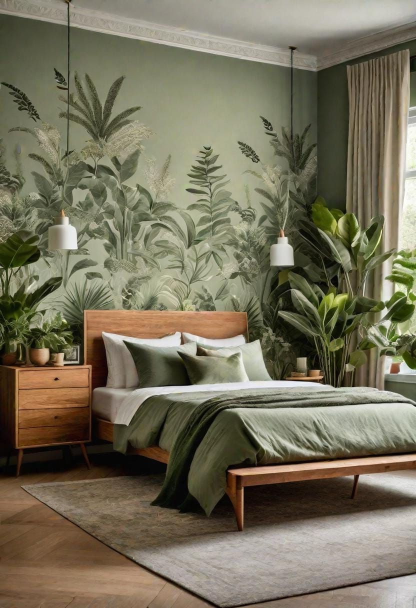 22. Botanical Bedroom Featuring Sage Green Wallpaper Prints - photo 3