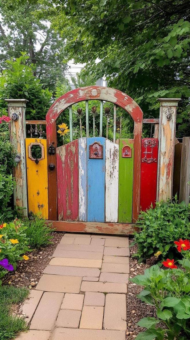 27. A Garden Gate Built from Mismatched Old Doors