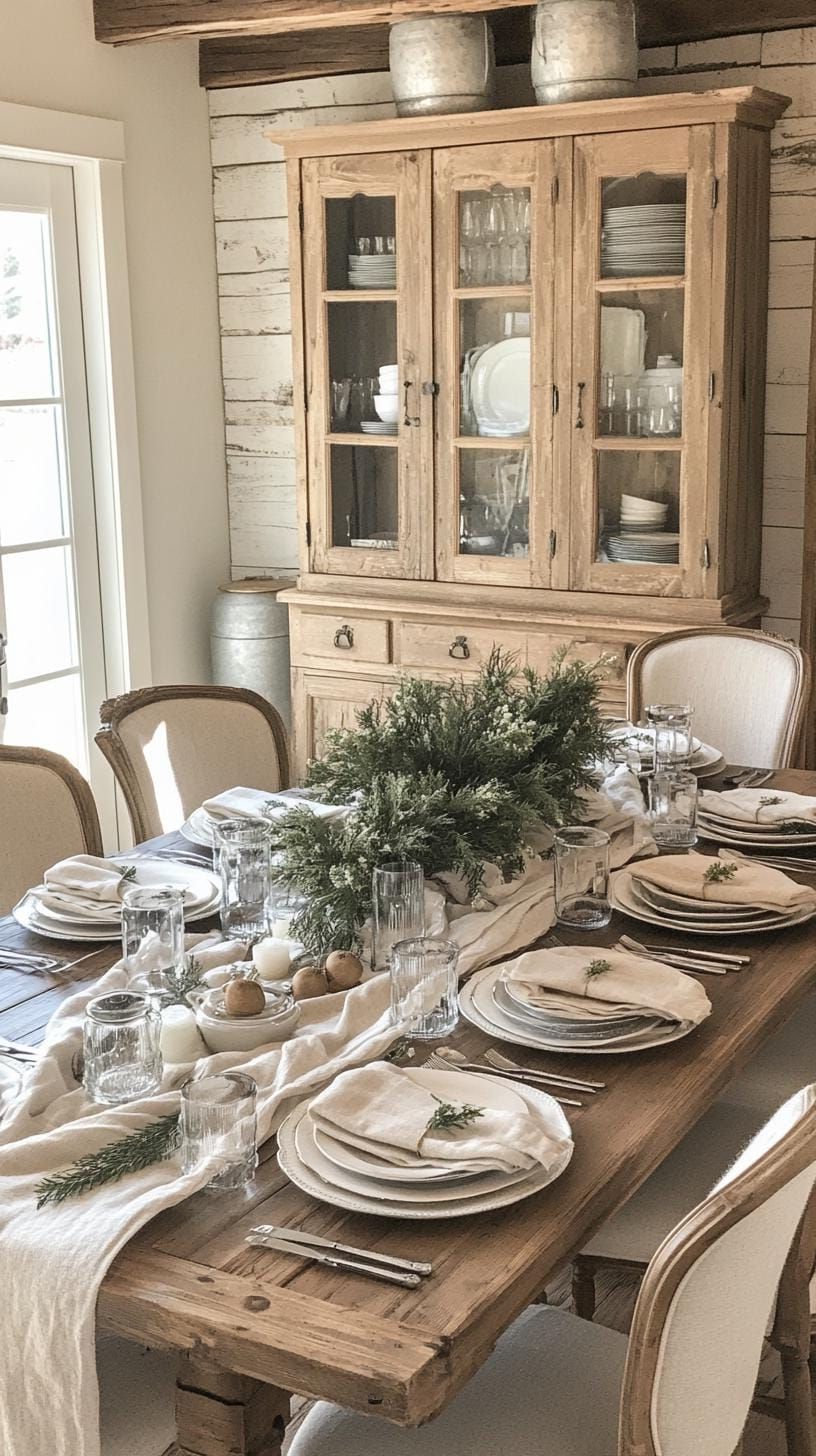 2. Rustic White Chargers With Evergreen Sprigs and Napkins