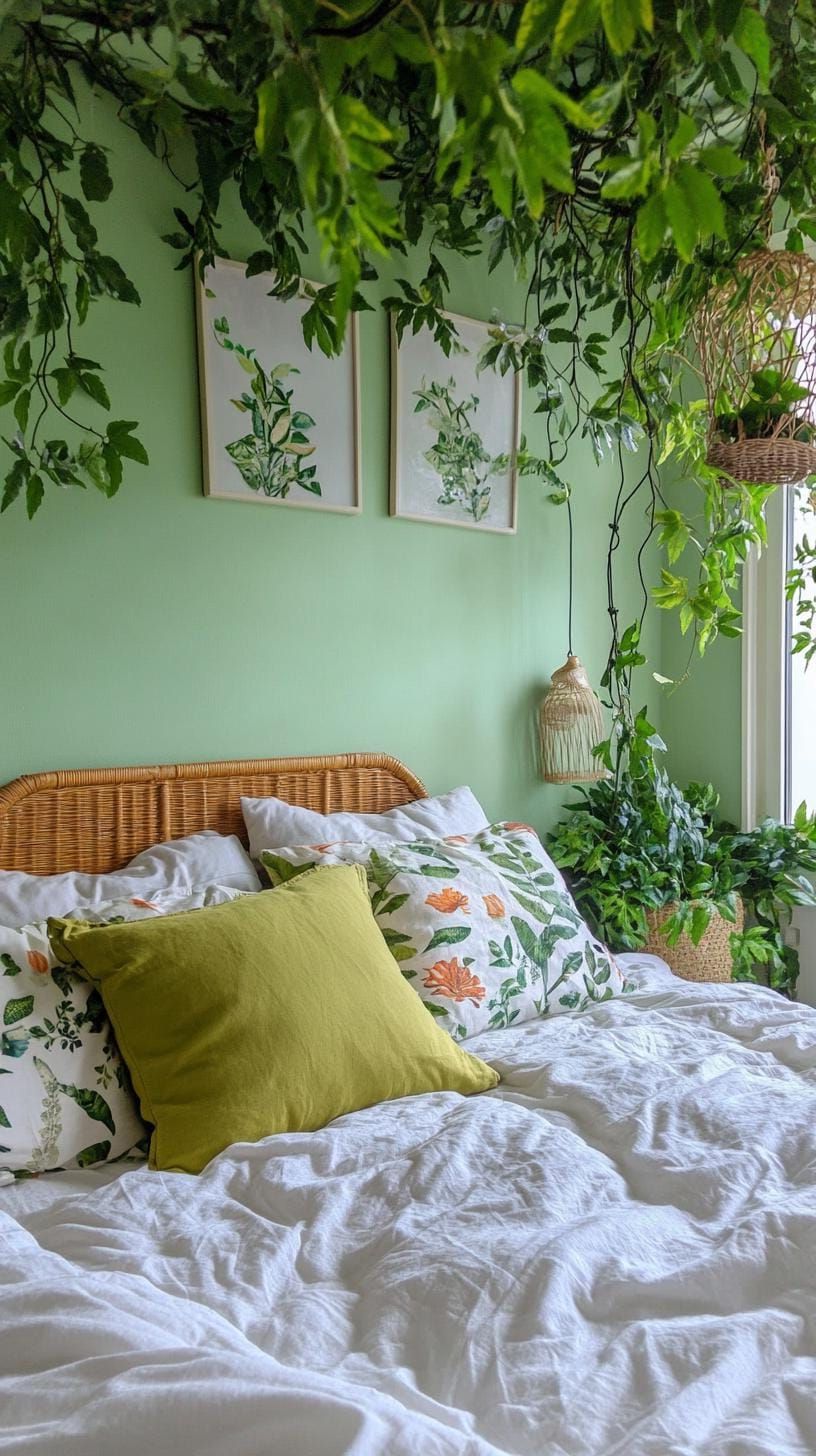 6. Olive Green Jungle Bedroom with Leafy Prints - photo 3