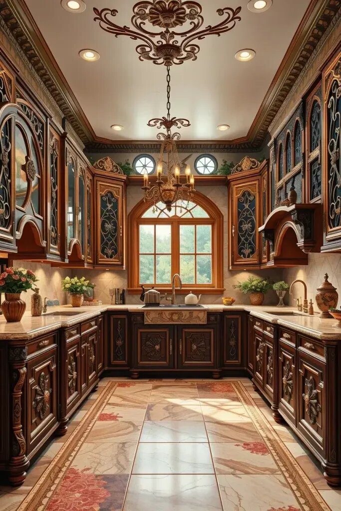 Hand-Carved Wood Cabinets With Artistic Detail