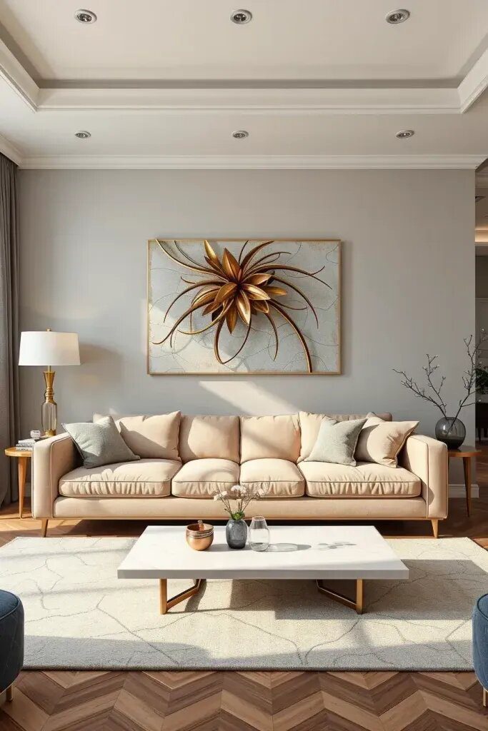 1. Add Abstract Metal Sculptures Above the Sofa