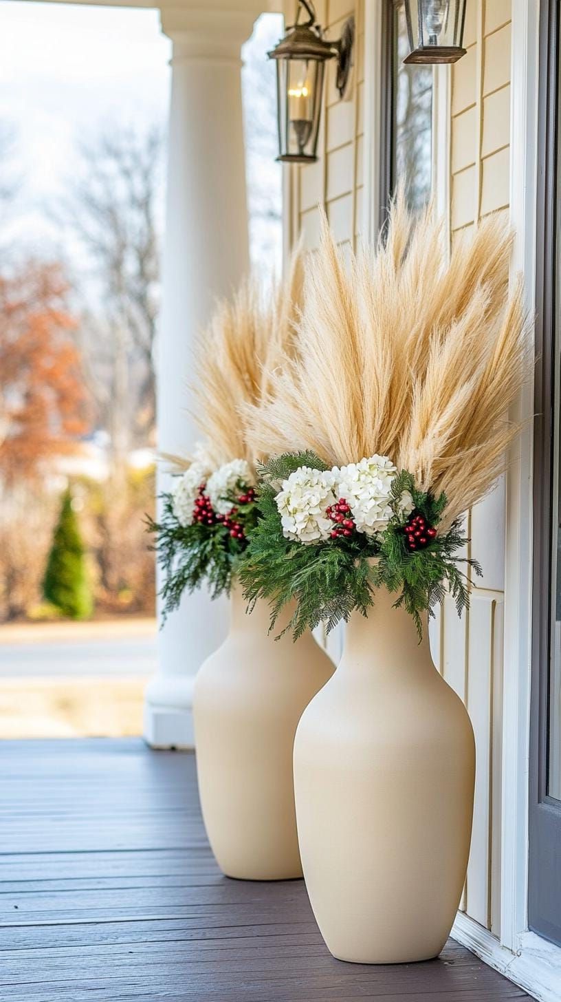 14. Tall Ceramic Vases Filled with White Pampas Grass
