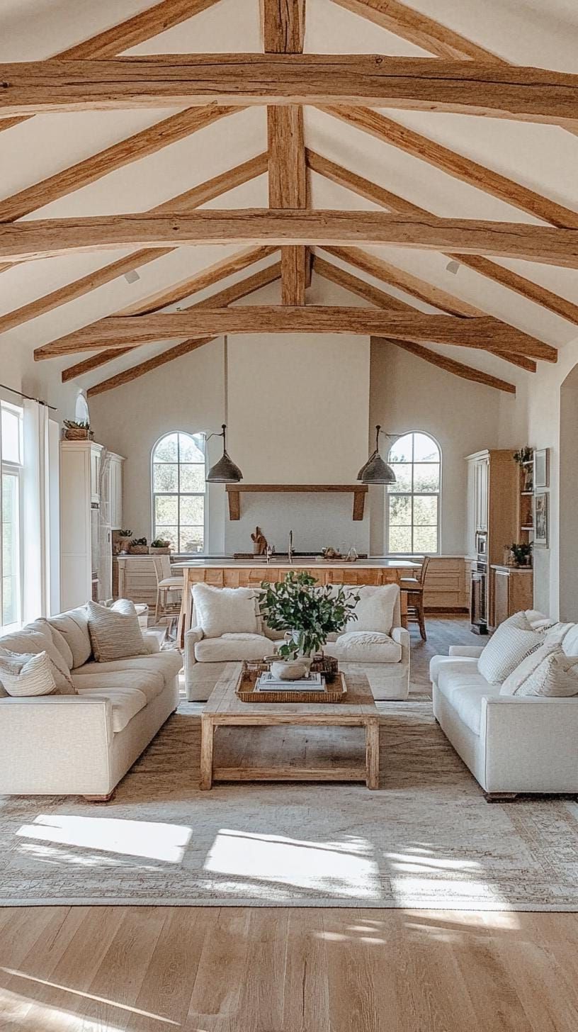 1. Open-Concept Rooms with Rustic Beams and Minimalist Furniture