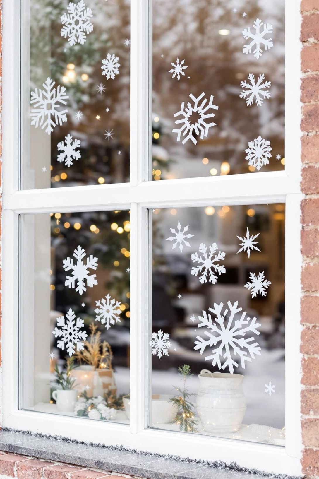 15. Nordic-style white and silver snowflake window décor