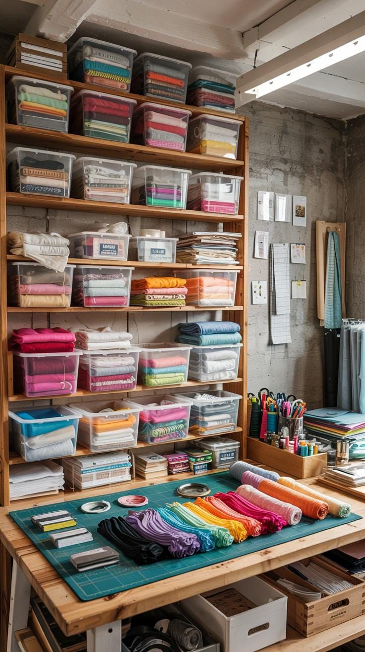 10. Basement Craft Room With Wall-to-Wall Clear Bins