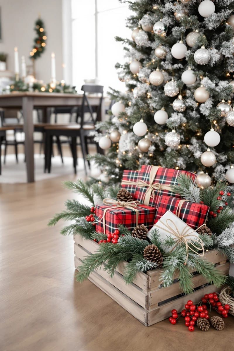 3. Wooden crate centerpiece with plaid gifts and pine branches