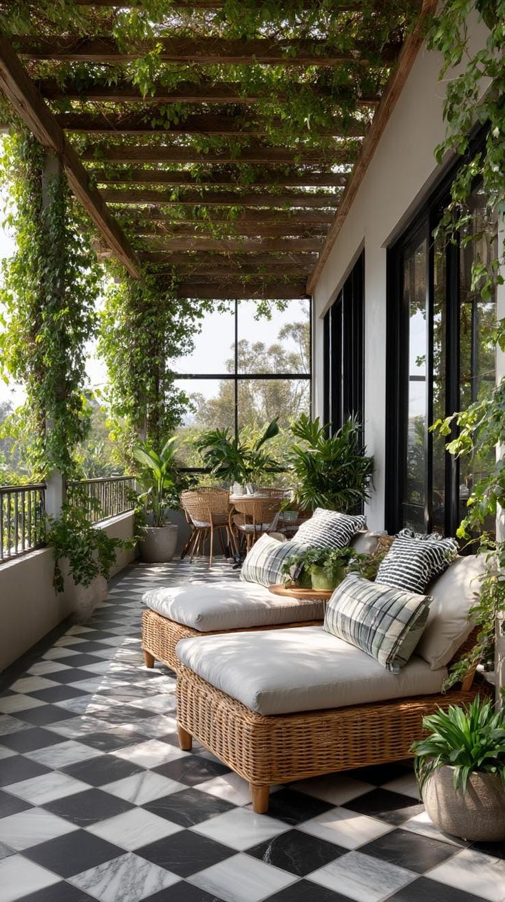14. A Screened Side Porch With Bold Tile
