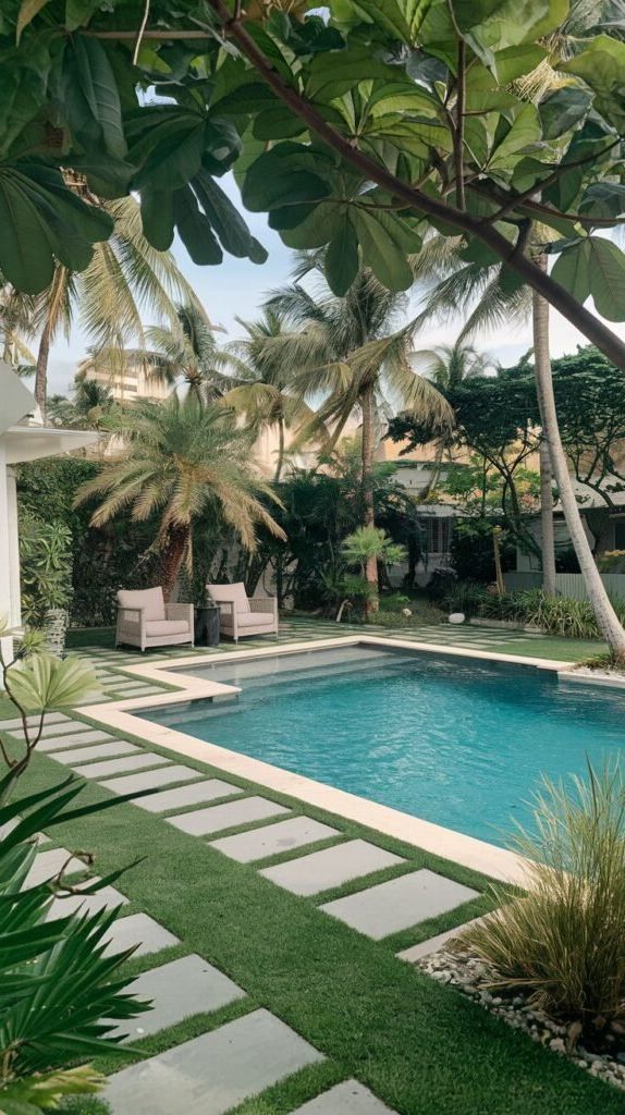 13. Rectangular Pool Tucked Among Tropical Palms