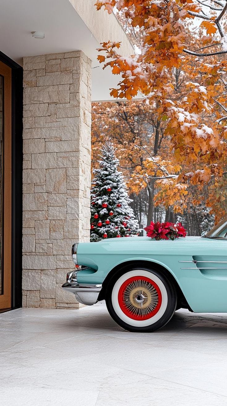 15. Classic car scene with modernist stone houses
