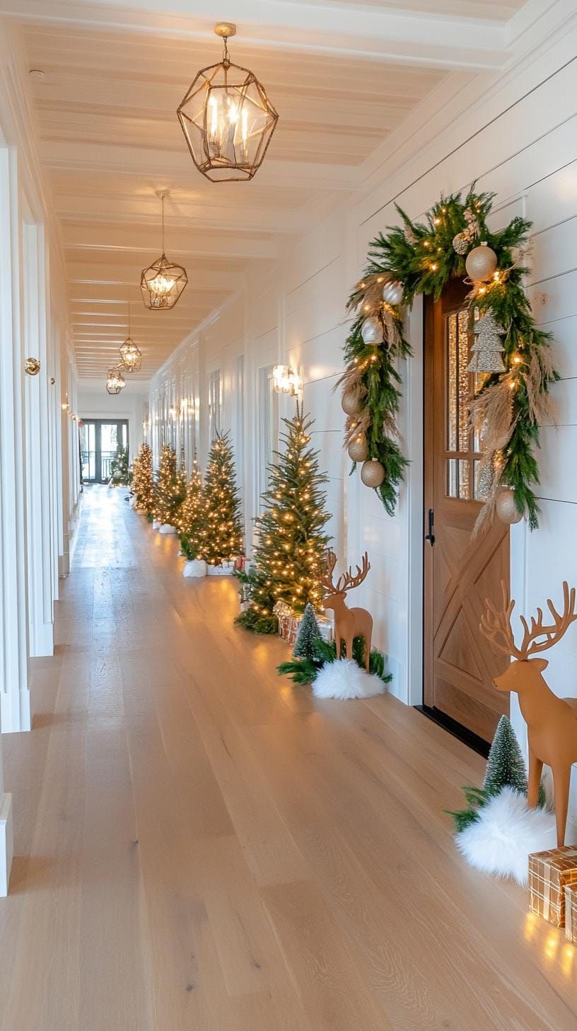 13. Reindeer door cover framed by mini lit trees