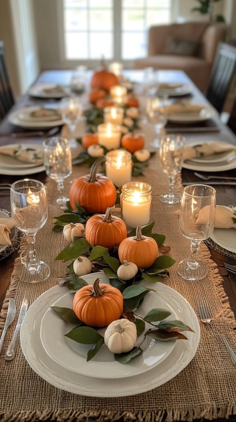 1. Mini Pumpkin Runner With Scattered Tea Lights on Burlap - photo 3