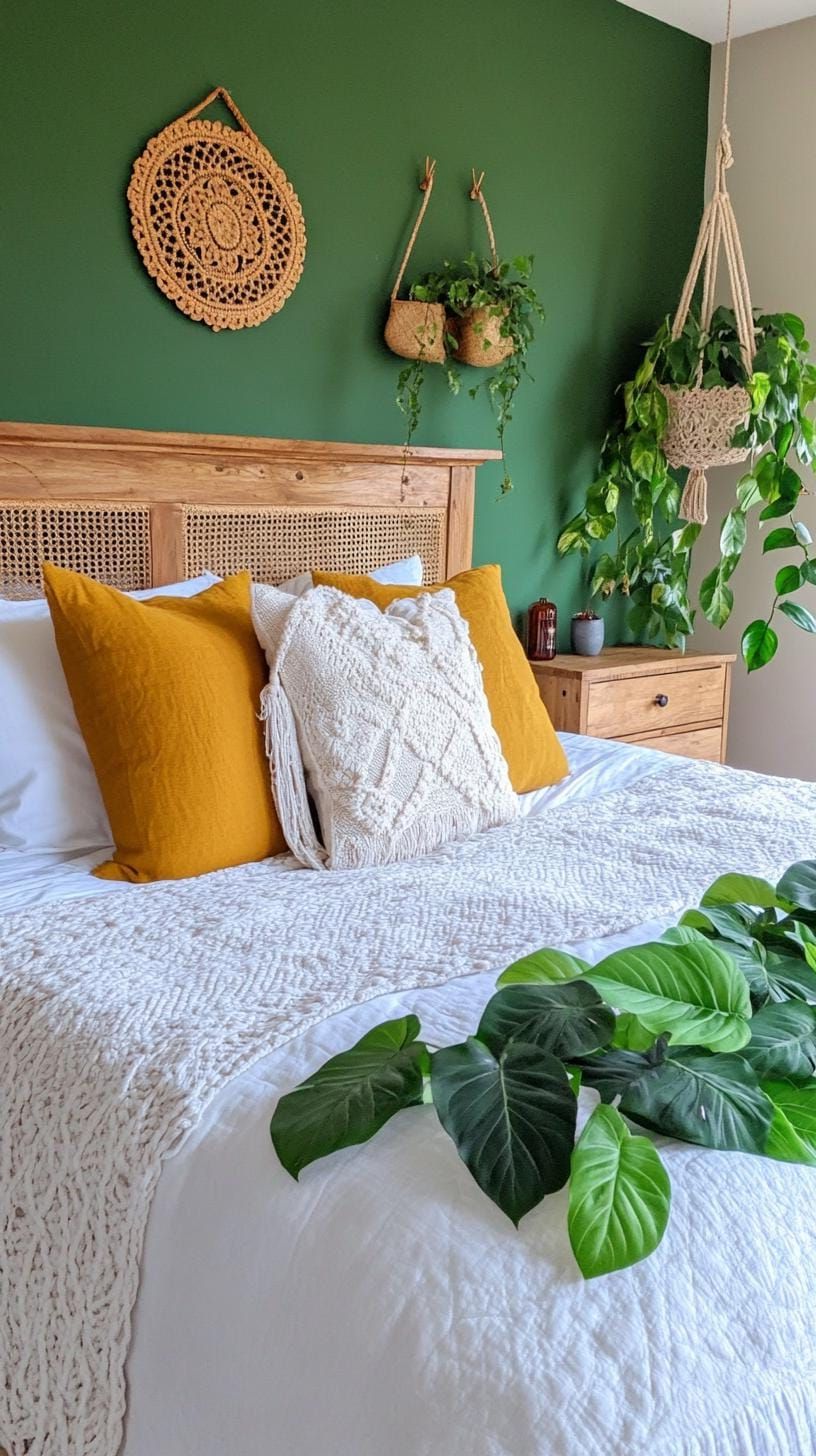 13. Wood Nightstands Styled With Plants And Earthy Decor