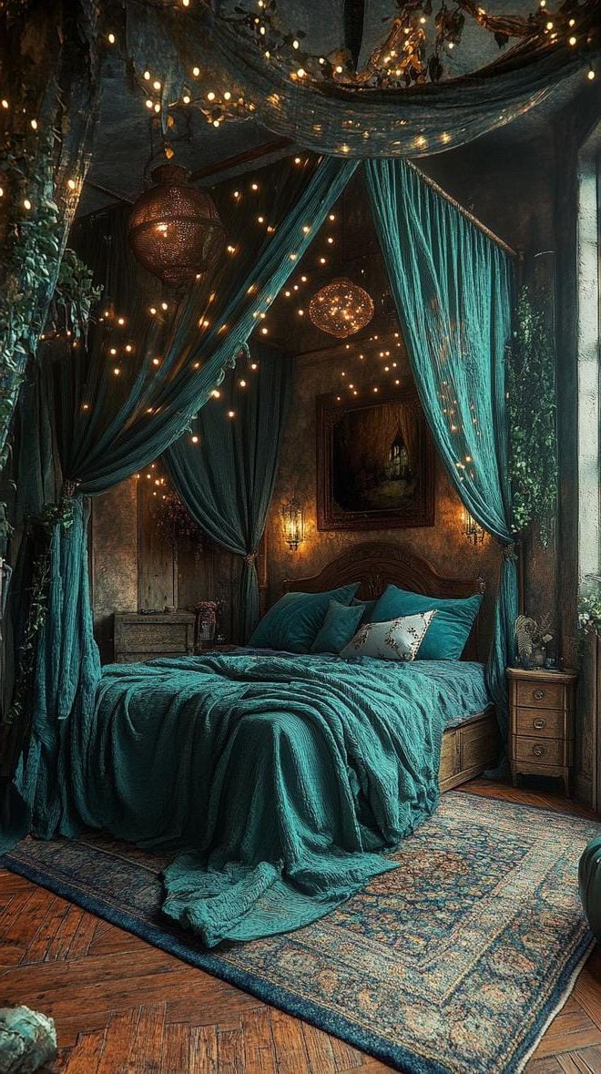 7. Canopy Bed With Drapes And String Lights - photo 3