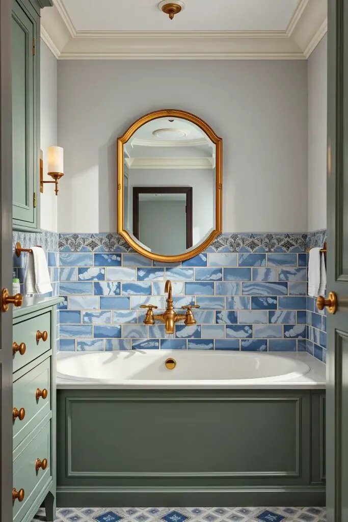 Brass Fixtures In Sage And Blue Bathrooms - photo 2