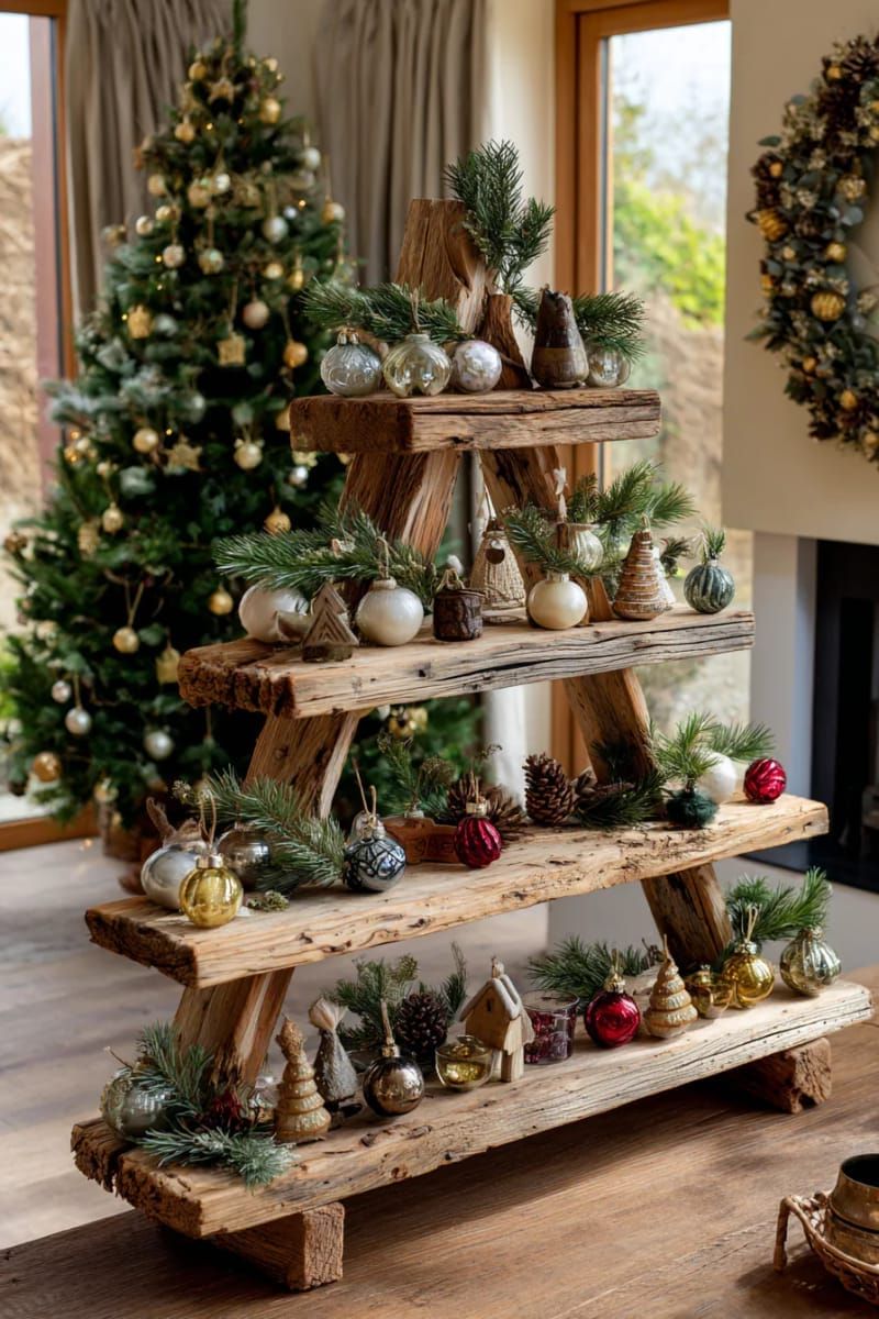 16. Tree-shaped shelf with vintage mini ornaments