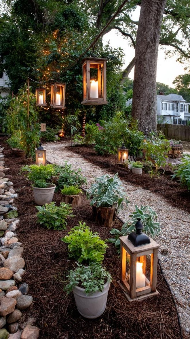 9. Wooden Fairy Signs Under Lantern Light