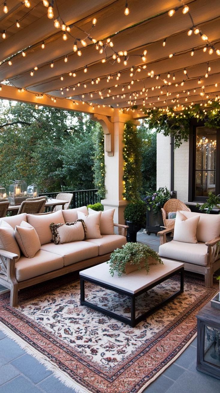 8. Pergola Patio Lit with Twinkling Ceiling Lights