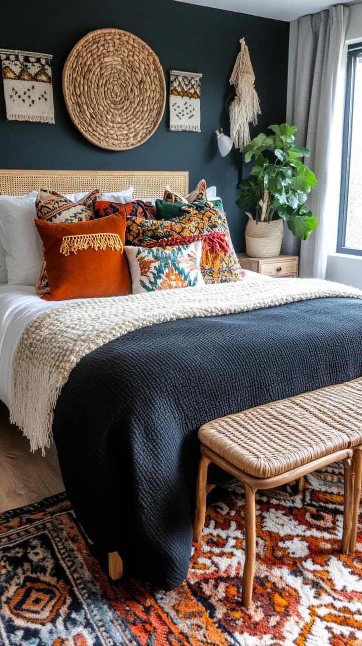 12. Mismatched Boho Pillows On A Dark Bedspread