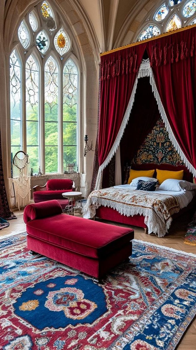 8. Burgundy Tapestry Curtains With Gothic Lace Valances