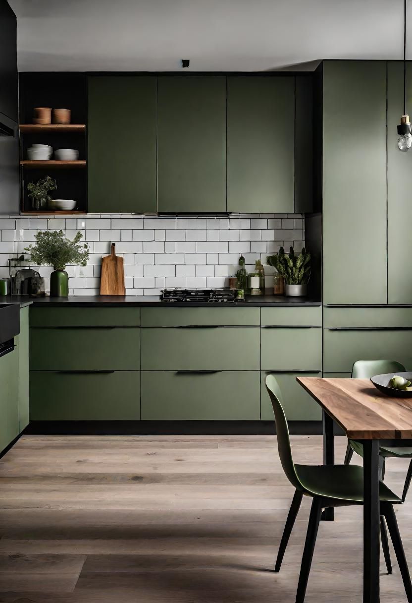 28. Asparagus Green Cabinets with Black Accents