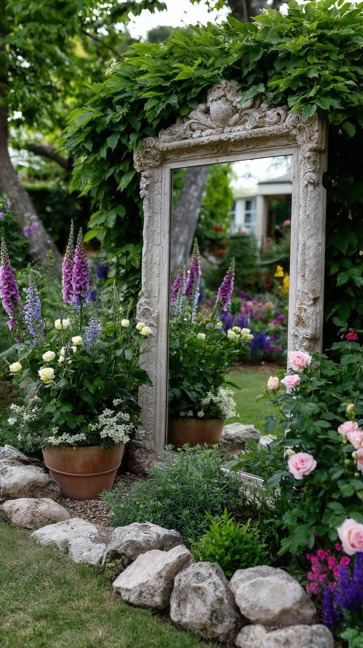 22. Worn Mirror Frame Surrounded by Cottage Foliage